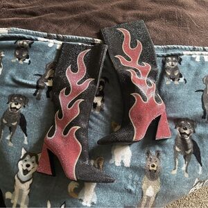 Black and Pink Flame Heeled Rhinestone Boots